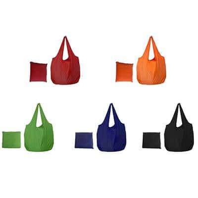 Foldable nylon totes shown open beside compact matching packs in red, orange, green, navy and black