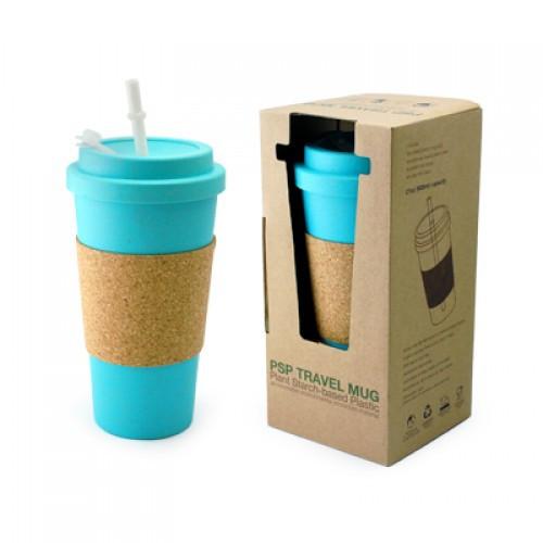 Blue mug with cork sleeve, fitted lid and white straw beside matching window-box packaging