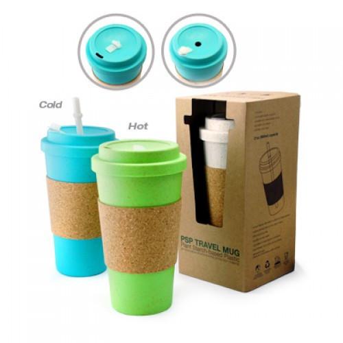 Blue and green mugs with cork sleeves, lid opening examples, a white straw and window-box packaging