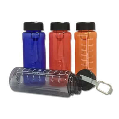 1 Litre wide-mouth water bottle with carabiner set in blue, red, orange, and a dark bottle lying down.