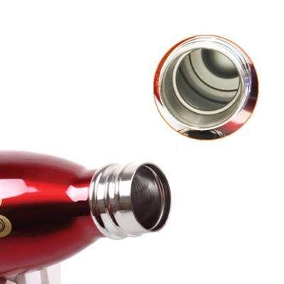 Close-up of the red travel flask with its screw cap removed, showing the threaded neck and inner opening