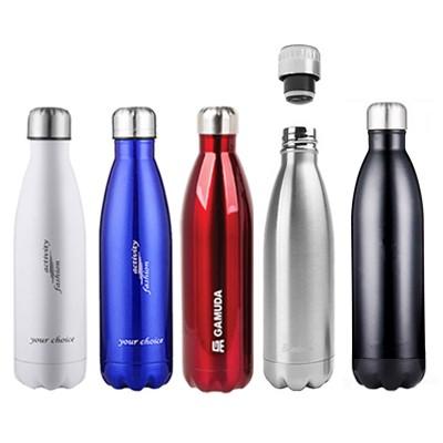 White, blue, red, silver and black travel flasks in a row, with the silver flask cap lifted above its opening