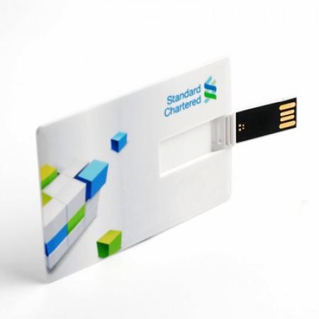 White printed card-shaped USB flash drive with its flat connector flipped out from the body