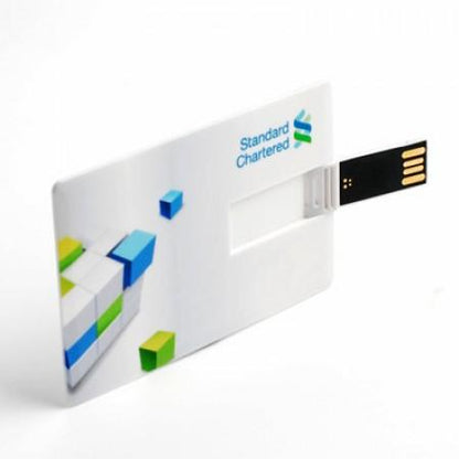 White printed card-shaped USB flash drive with its flat connector flipped out from the body
