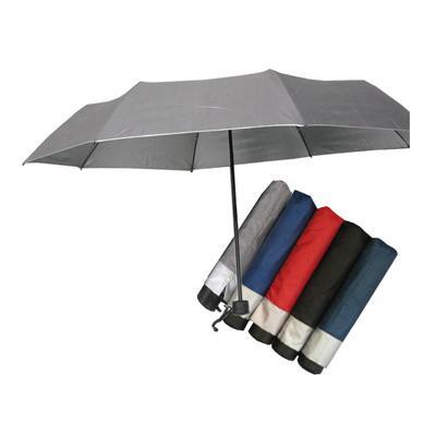 Open grey manual foldable umbrella beside folded examples in grey, blue, red and dark colours