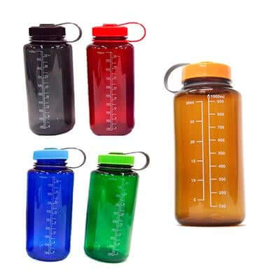 Set of five 1 Litre Wide Mouth Water Bottles in assorted colors with carrying loops.