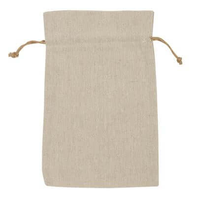 Brown-toned jute pouch laid flat with drawstring opening and knotted cords at both sides