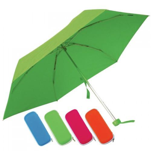 Open green foldable umbrella with blue, green, pink and orange zipper pouch examples
