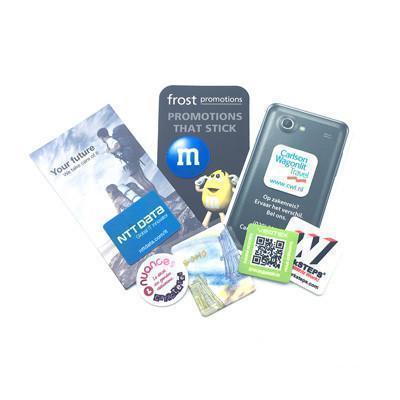 Printed screen-cleaner pad shapes and presentation-card examples, with a pad attached to a phone