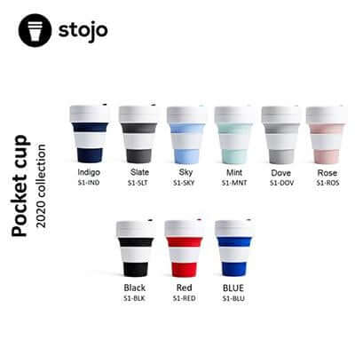Historical Stojo Pocket cup colour chart showing expanded and collapsed examples in multiple colours