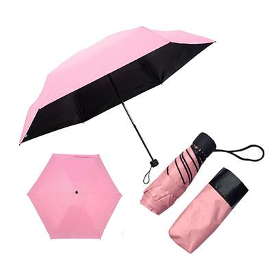 Pink foldable umbrella shown open with a black underside, folded and beside its matching sleeve