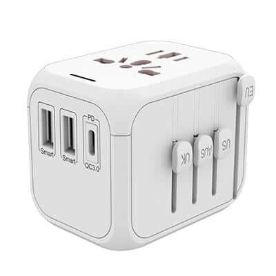 White world travel adaptor showing top AC socket, two USB-A ports, Type-C port and sliding plug selectors